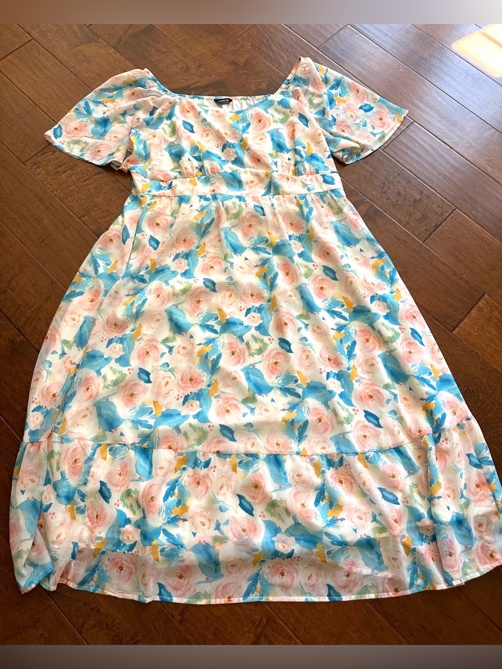 BloomChic Watercolor Floral Midi Dress 2X | Blue Pink Flutter Sleeve Cottagecore - Picture 2 of 8
